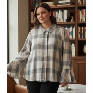 Lane Bryant Plaid Bell Sleeve Button Down Blouse Grey Cream Plus Size 18 90s Y2K